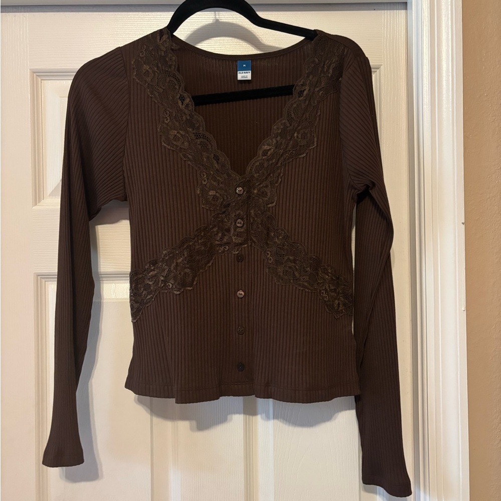 Old Navy Brown Ribbed Button-Front Lace Trim Top